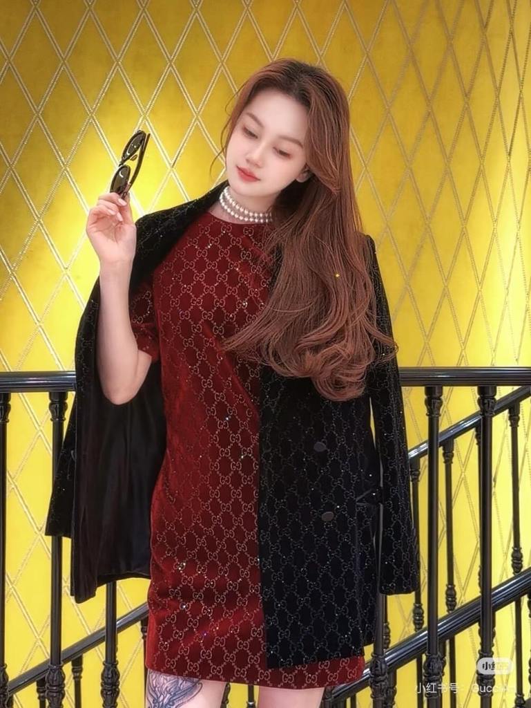 Gucci GG Monogram Crystal Embellished Velvet Mini Dress – Burgundy Red