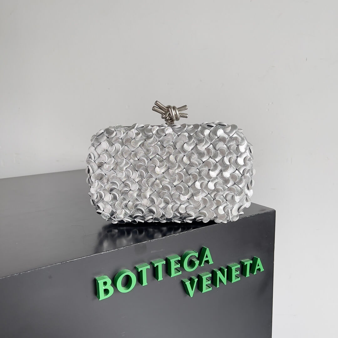 Bottega Veneta Silver Intrecciato Foulard Scaled Leather Knot Minaudière Clutch
