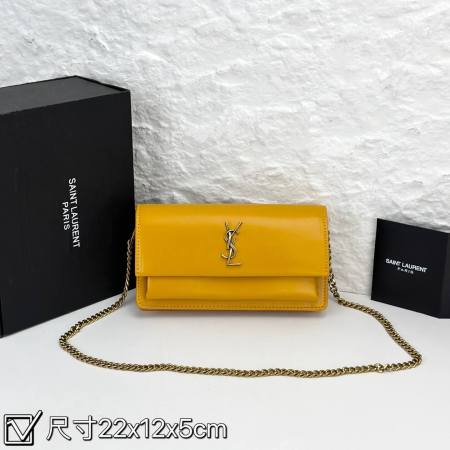 Saint Laurent YSL Sunset Chain Wallet Bag in Smooth Leather ;Yellow