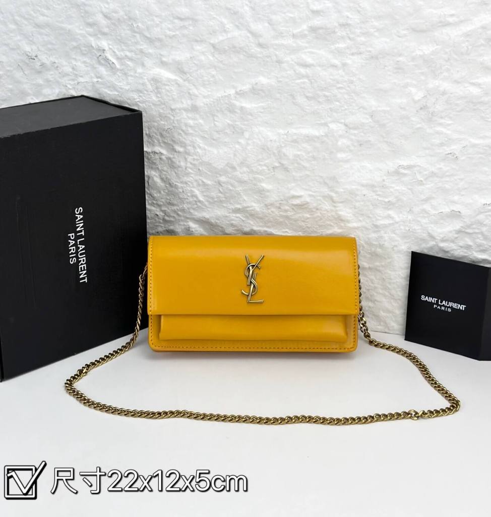 Saint Laurent YSL Sunset Chain Wallet Bag in Smooth Leather ;Yellow