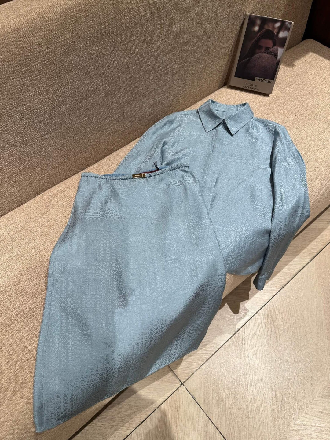 Gucci Light Blue GG Monogram Silk Jacquard Shirt & Midi Skirt Set