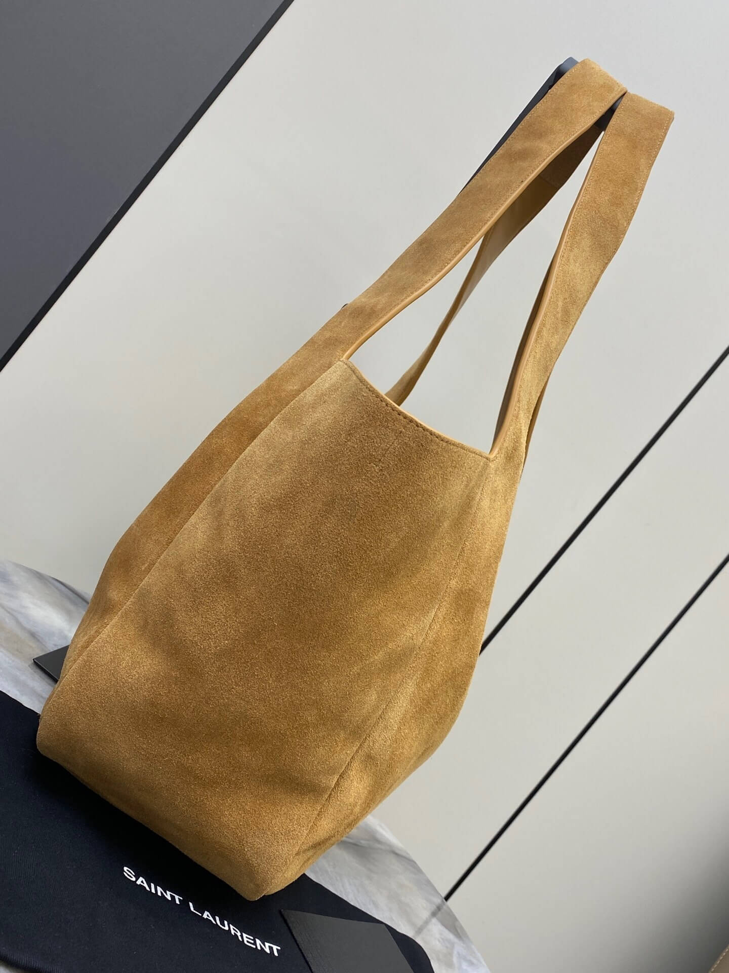 Saint Laurent Bea Tote in Tan Suede with Gold-Tone YSL Hardware in Tan - Image 8