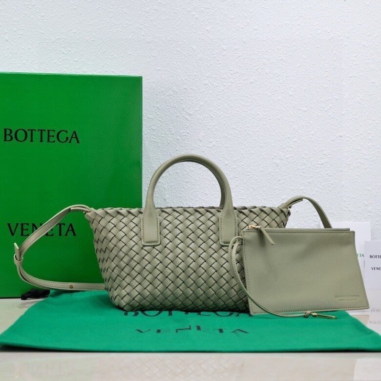 Bottega Veneta Mini Cabat Intrecciato Leather Tote Bag in Sage Green