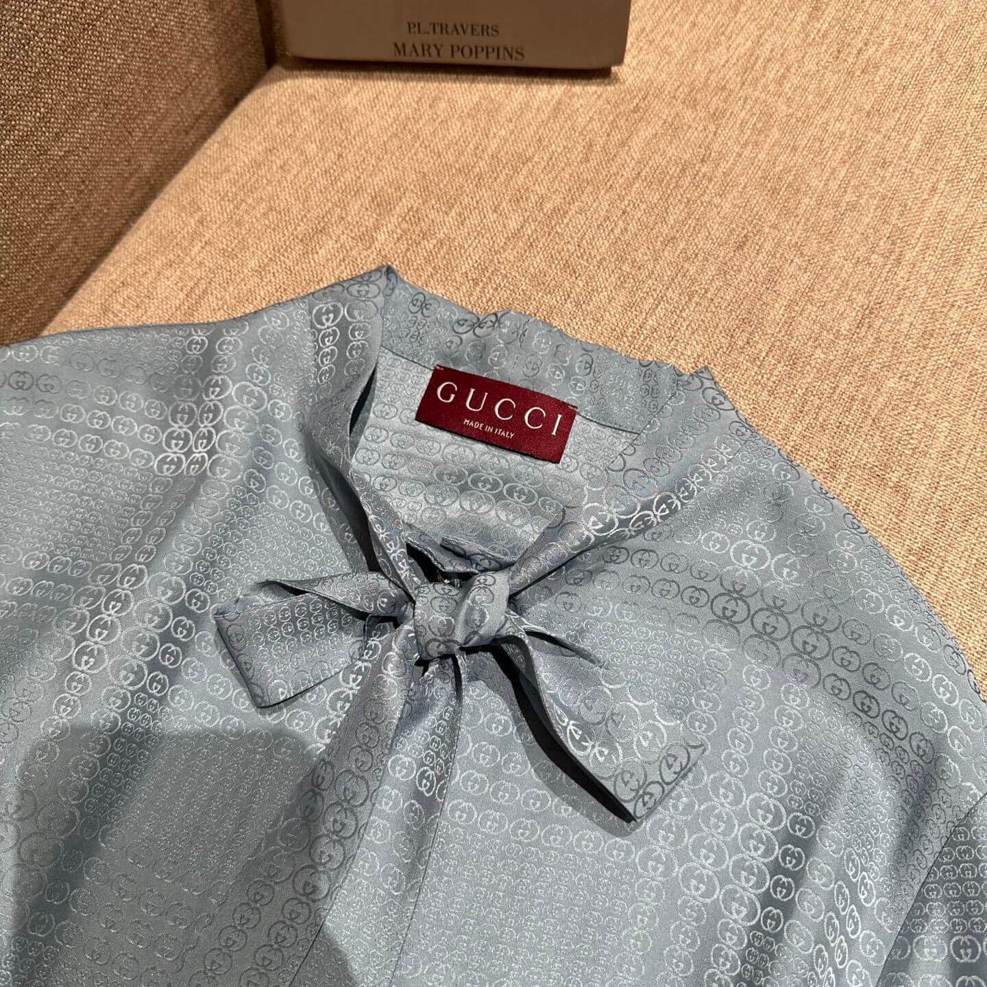Gucci GG Monogram Silk Jacquard Pussy-Bow Mini Dress in Light Blue - Image 6