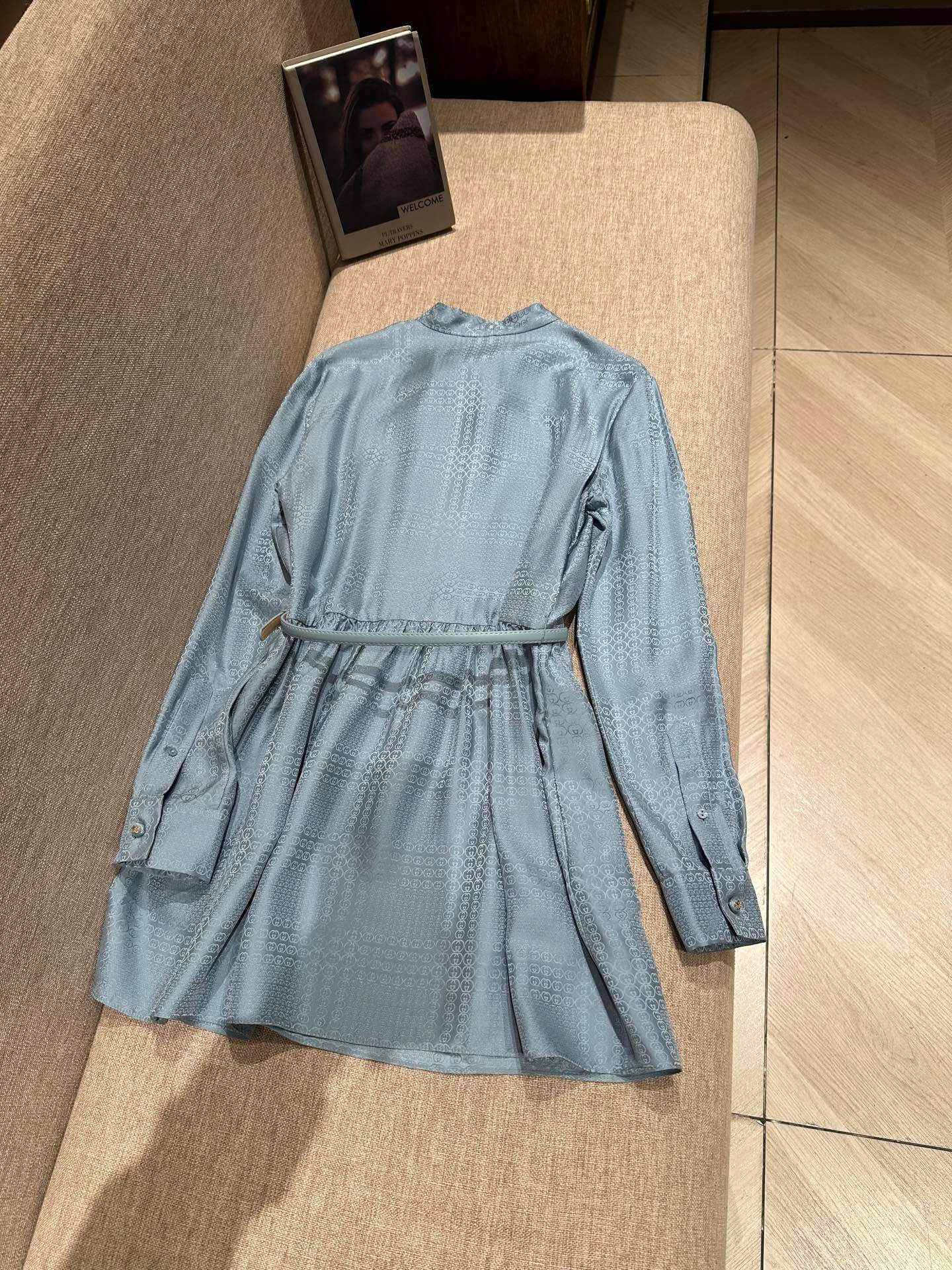 Gucci GG Monogram Silk Jacquard Pussy-Bow Mini Dress in Light Blue - Image 2