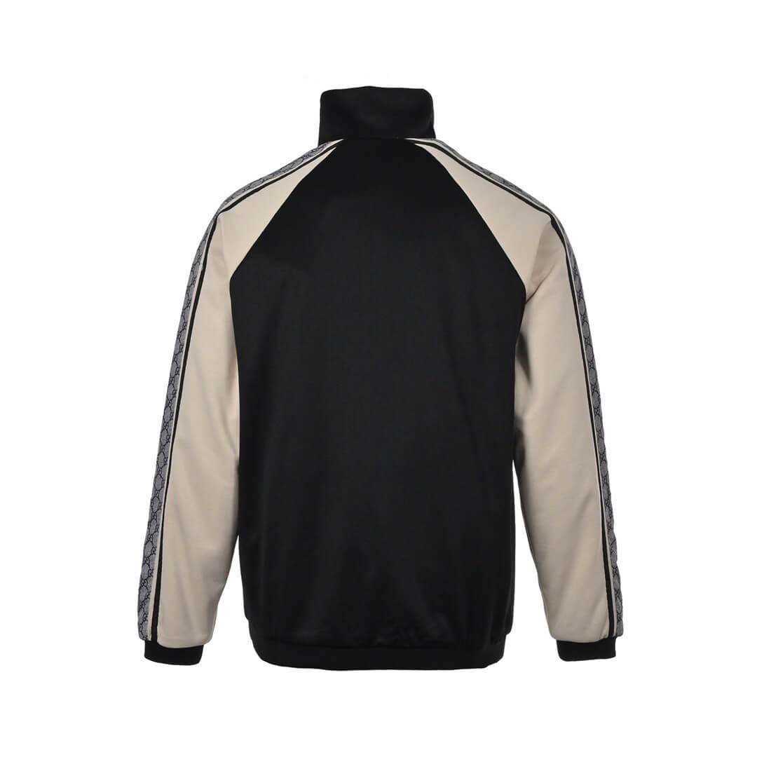Gucci Men’s Black & Grey Monogram Panel Zip-Up Track Jacket with Contrast Raglan Sleeves - Image 2