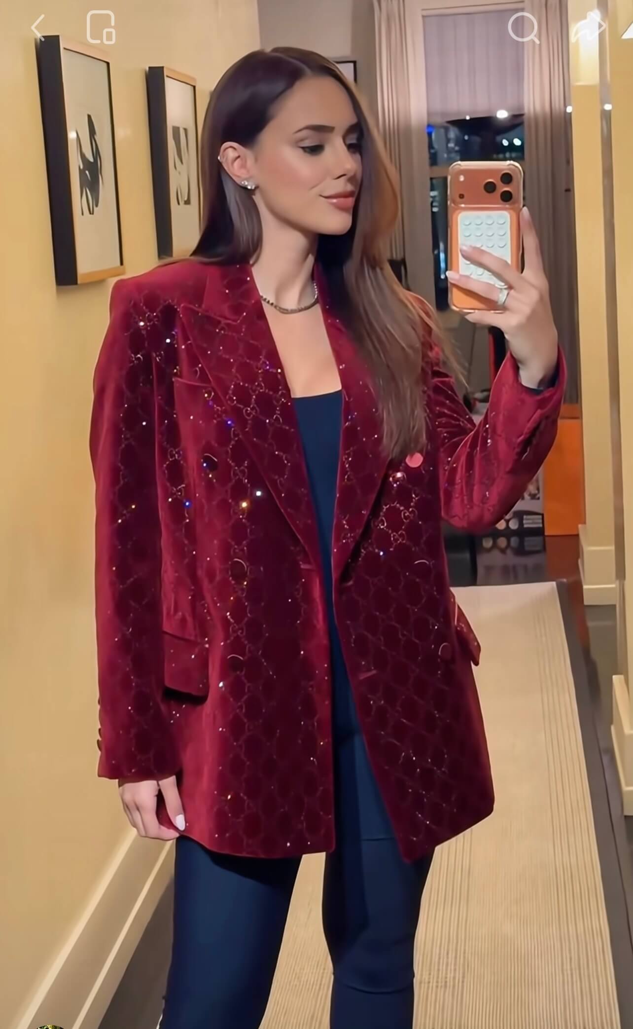 Gucci GG Monogram Crystal Embellished Velvet Blazer & Trousers Suit Set – Burgundy Red - Image 7