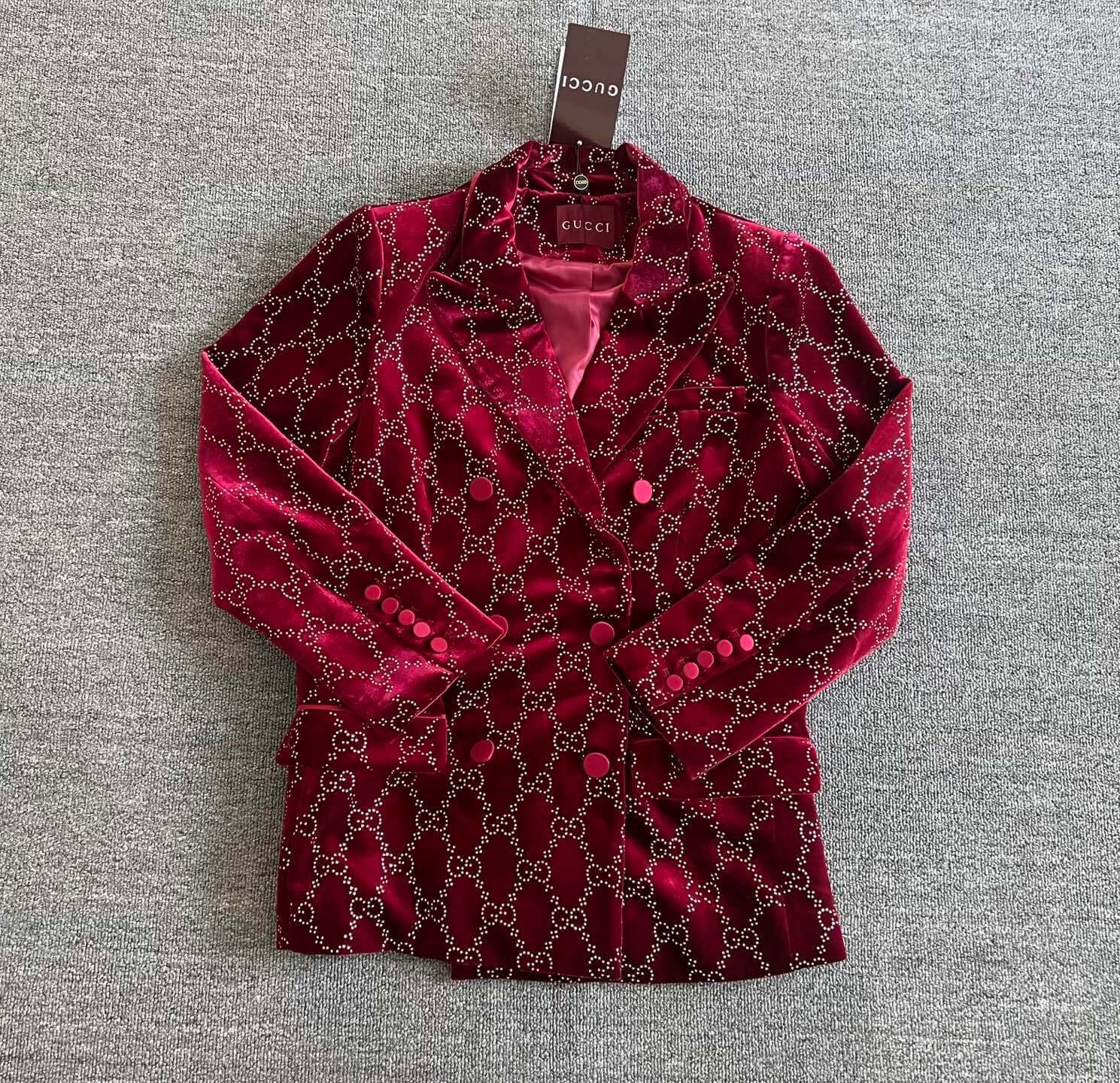 Gucci GG Monogram Crystal Embellished Velvet Blazer & Trousers Suit Set – Burgundy Red - Image 2