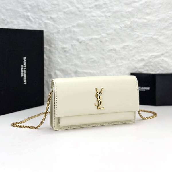 Saint Laurent YSL Sunset Chain Wallet in Smooth Leather – White