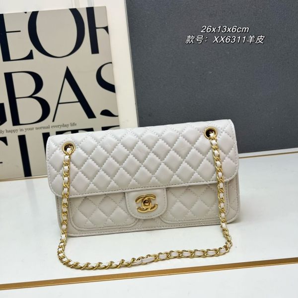 Chanel White Quilted Lambskin East West Flap Bag with Gold-Tone Chain and CC Hardware.