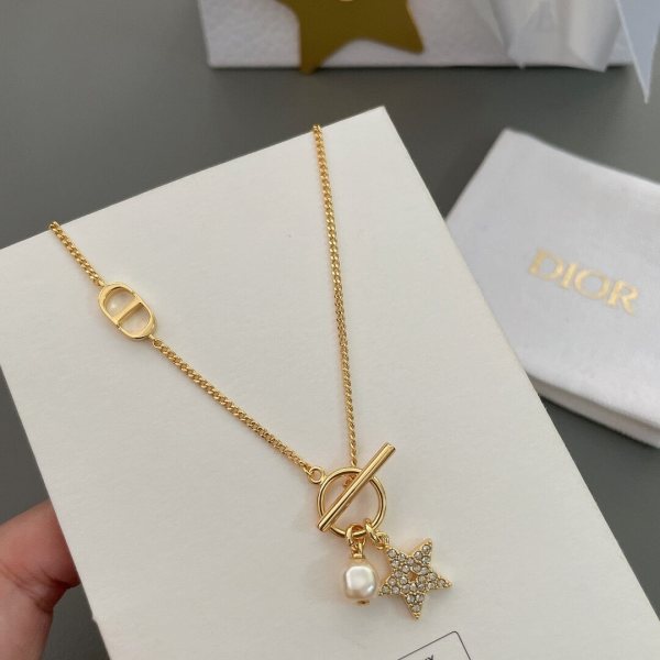 Dior Petit CD Lifestyle Necklace - Gold-Finish Metal with White Resin Pearl and Crystals Star Toggle