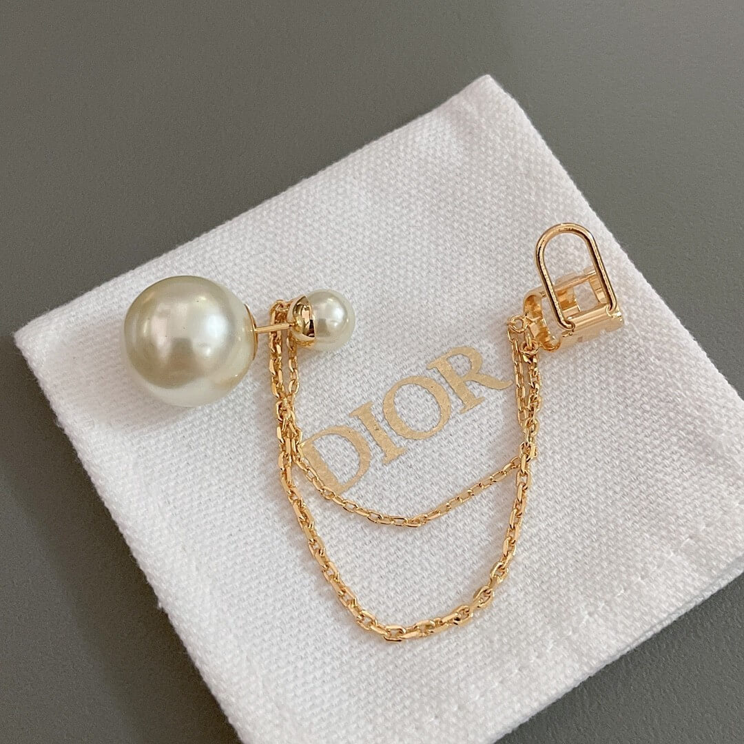 Dior Tribales Earring with Earcuff - Gold-Finish Metal and White Resin Pearls with Chain - Image 3