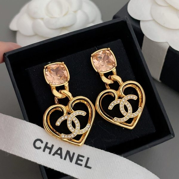 Chanel Cushion Cut Crystal Heart Drop Earrings in Gold with Pink & Clear Crystal Accents