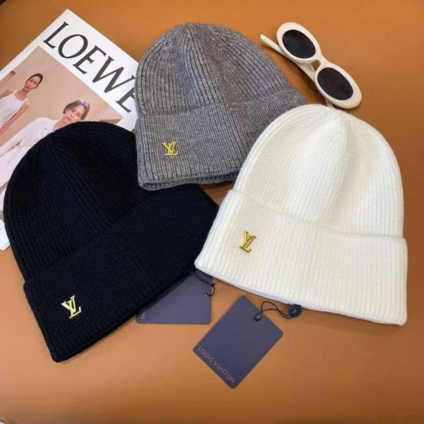 Louis Vuitton Wool Cashmere Ribbed Beanie with Gold LV Initials Logo