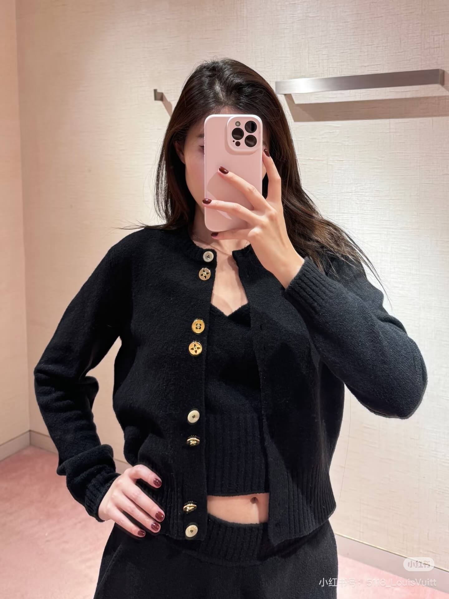 Louis Vuitton Monogram Button Black Cashmere Knit Cardigan and Crop Top Set