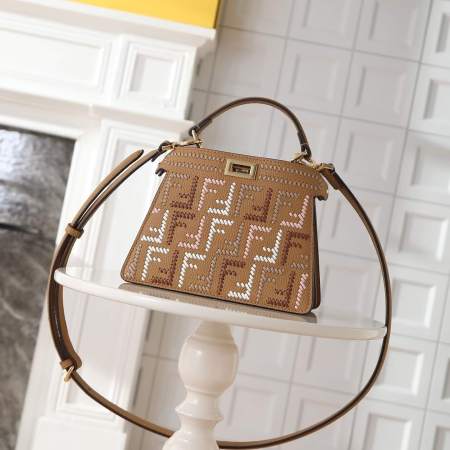 Fendi Peekaboo ISeeU Small Brown Leather Bag with Interlace FF Motif and Top Handle