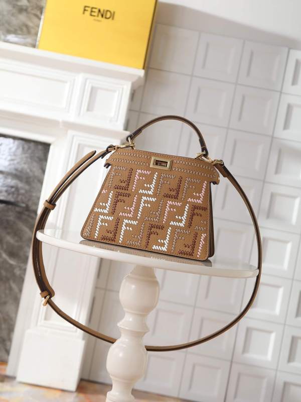 Fendi Peekaboo ISeeU Small Brown Leather Bag with Interlace FF Motif and Top Handle