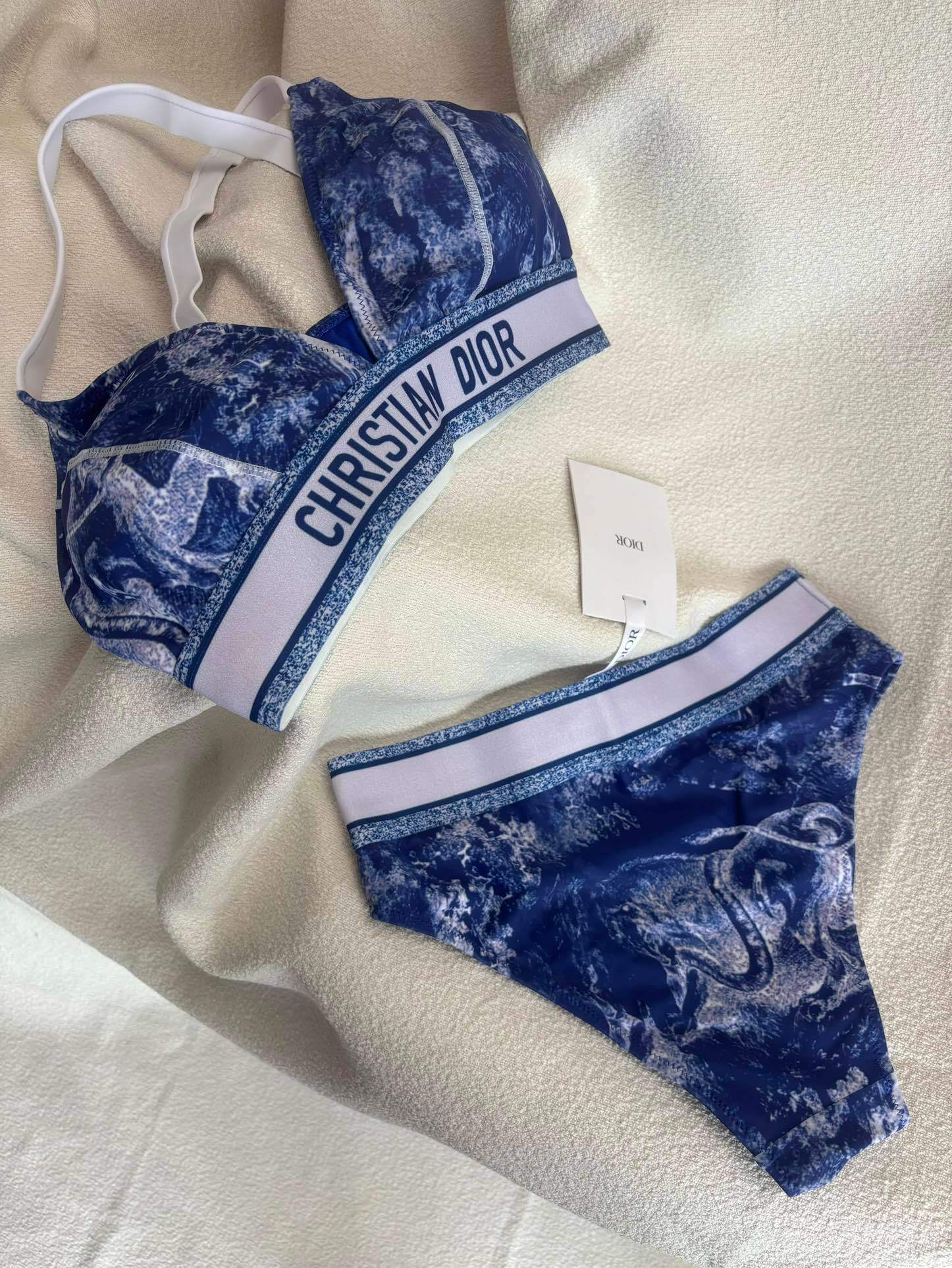 Christian Dior Toile de Jouy Sauvage Bikini Set with Logo Band Triangle Top and High-Waist Bottoms – Blue - Image 3