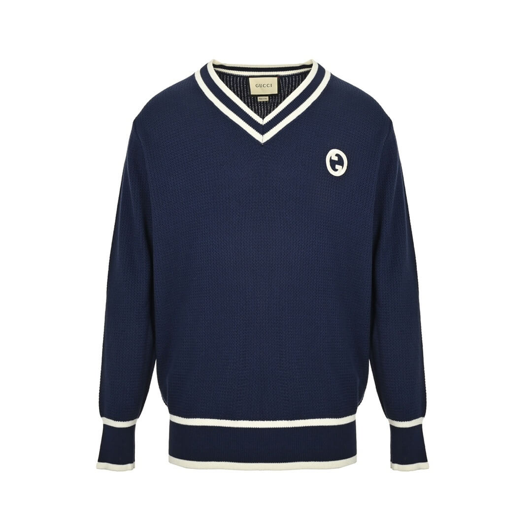 Gucci Double G Embroidered Striped V-Neck Knit Sweater – Navy & White - Image 3
