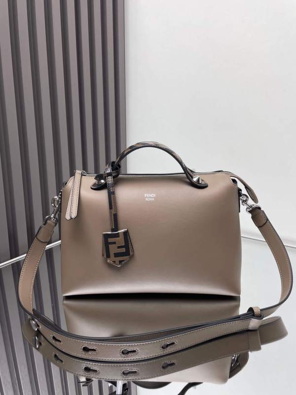 Fendi By The Way Medium Leather Boston Bag in Taupe with FF Motif Handle