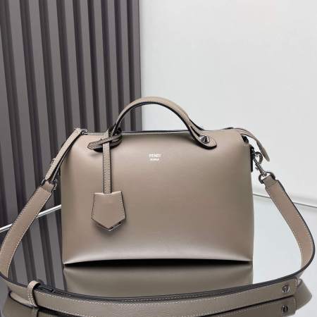 Fendi By The Way Medium Leather Boston Bag in Black and Taupe with FF Motif Handle.