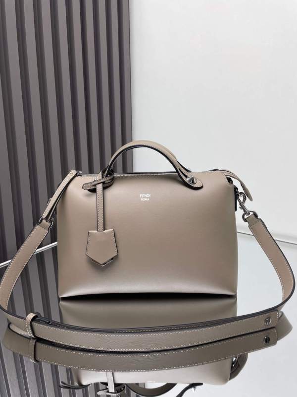 Fendi By The Way Medium Leather Boston Bag in Black and Taupe with FF Motif Handle.