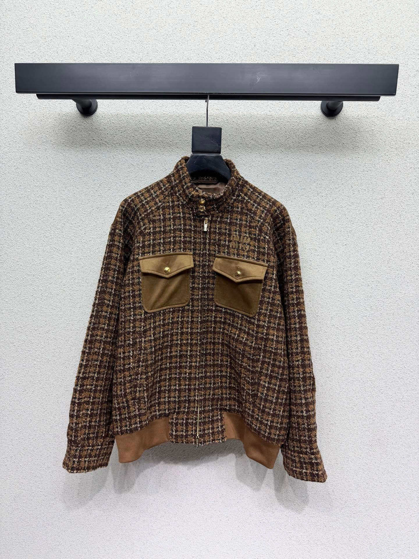 Miu Miu Embroidered Logo Check Tweed Jacket with Contrast Utility Pockets – Brown