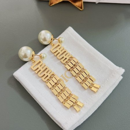 Dior Tribales Earrings in Gold-Finish Metal with White Resin Pearls and Dangle DIOR Signature Charms