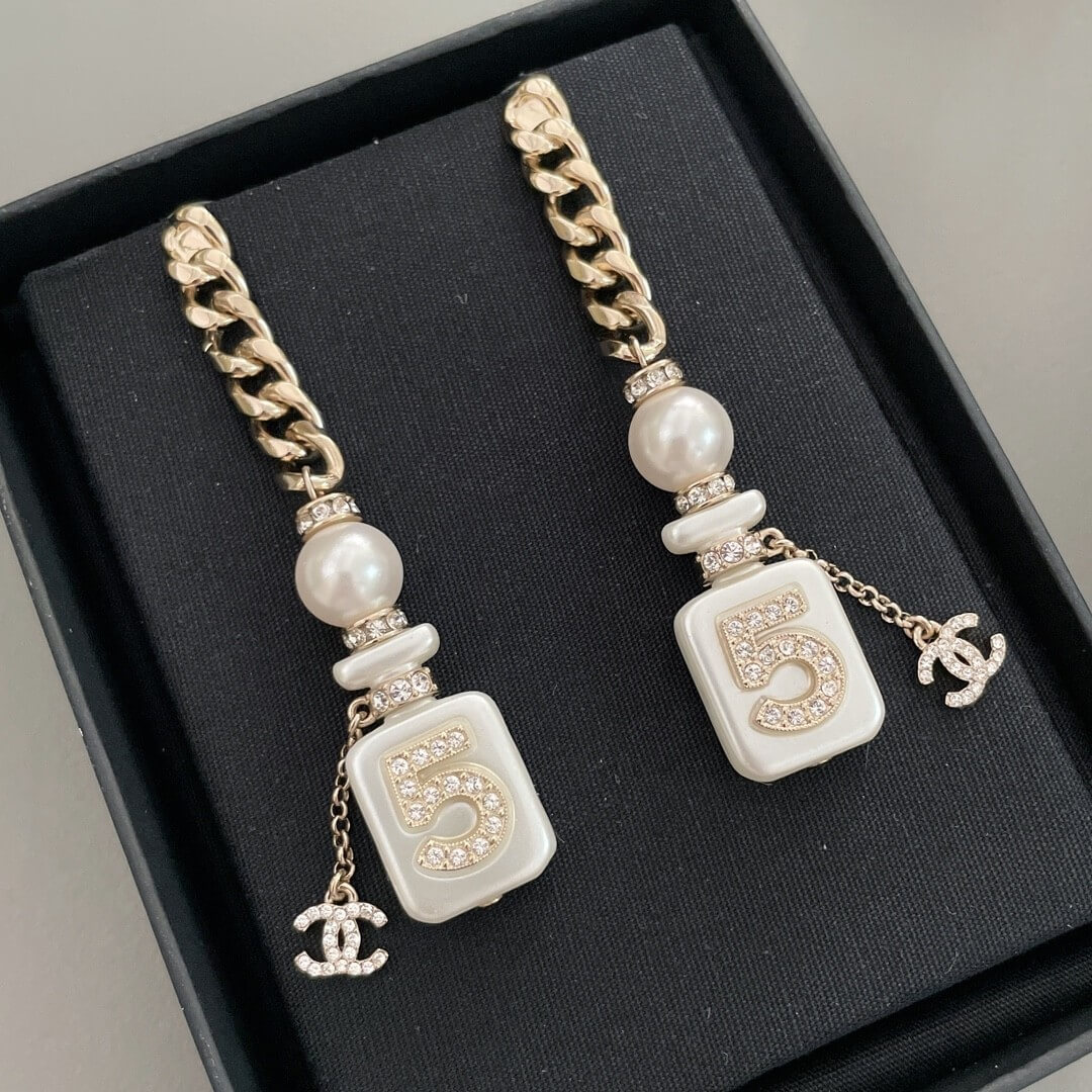 Chanel No. 5 Bottle Drop Earrings in Gold with Pearl & Crystal Accents - Image 2