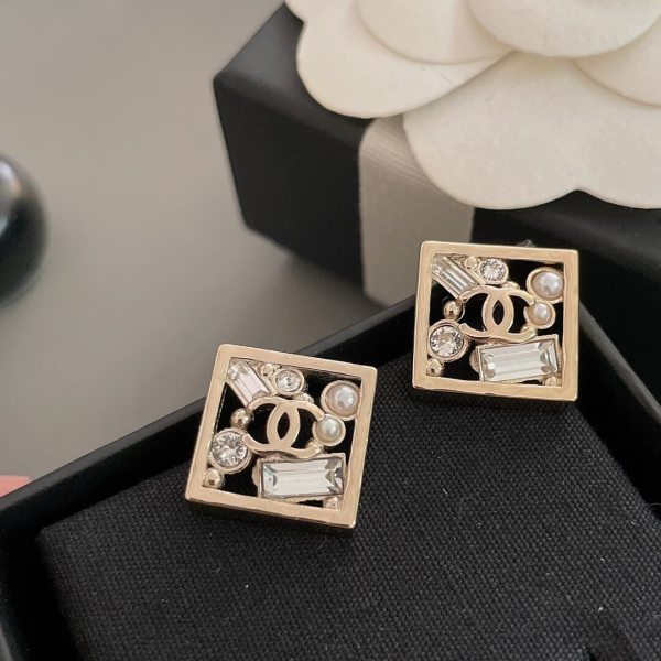 Chanel Square CC Stud Earrings in Gold with Crystal & Pearl Accents