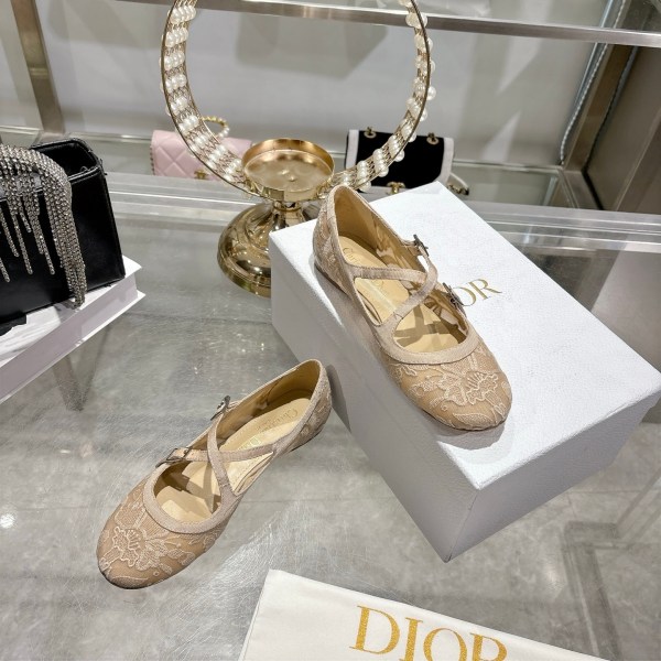 Christian Dior Beige Lace Mary Jane Ballet Flats