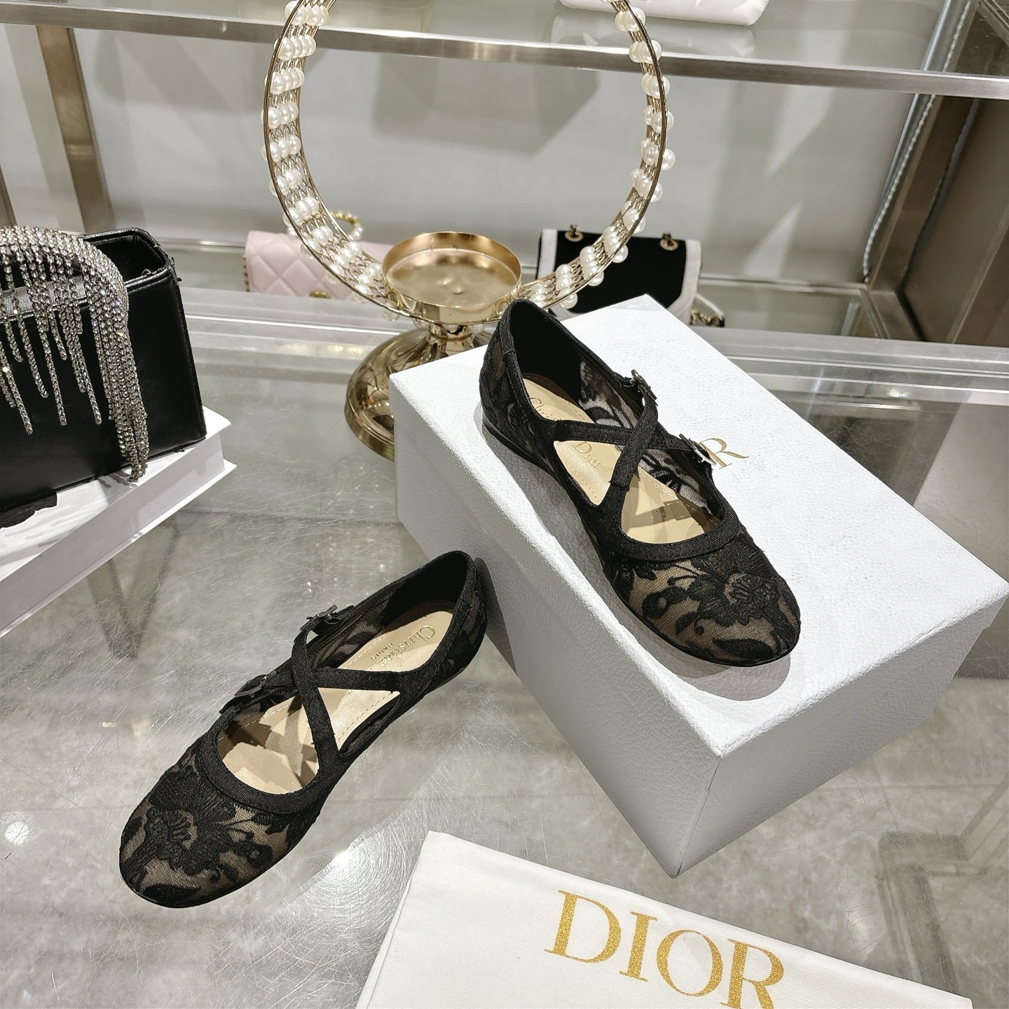 Christian Dior Black Lace Ballet Flats