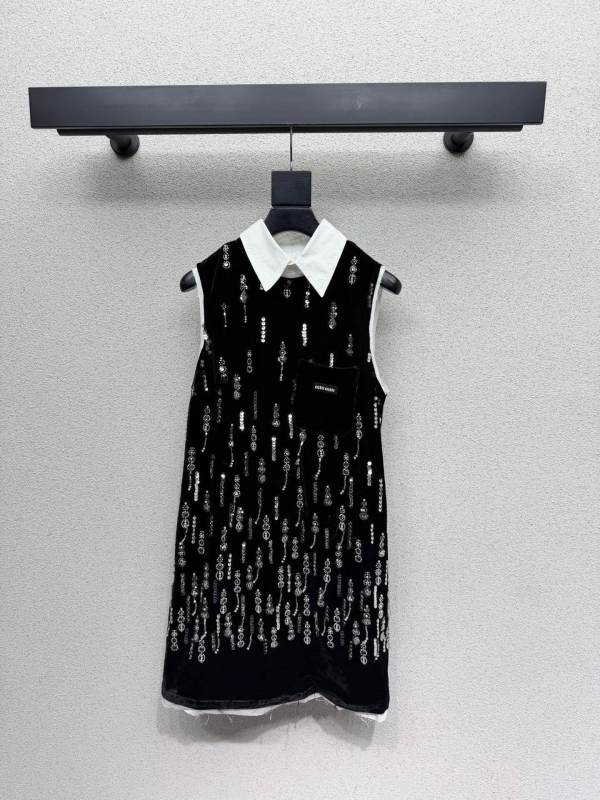 Miu Miu Sequin-Embellished Velvet Mini Dress with Poplin Collar and Logo Pocket – Black