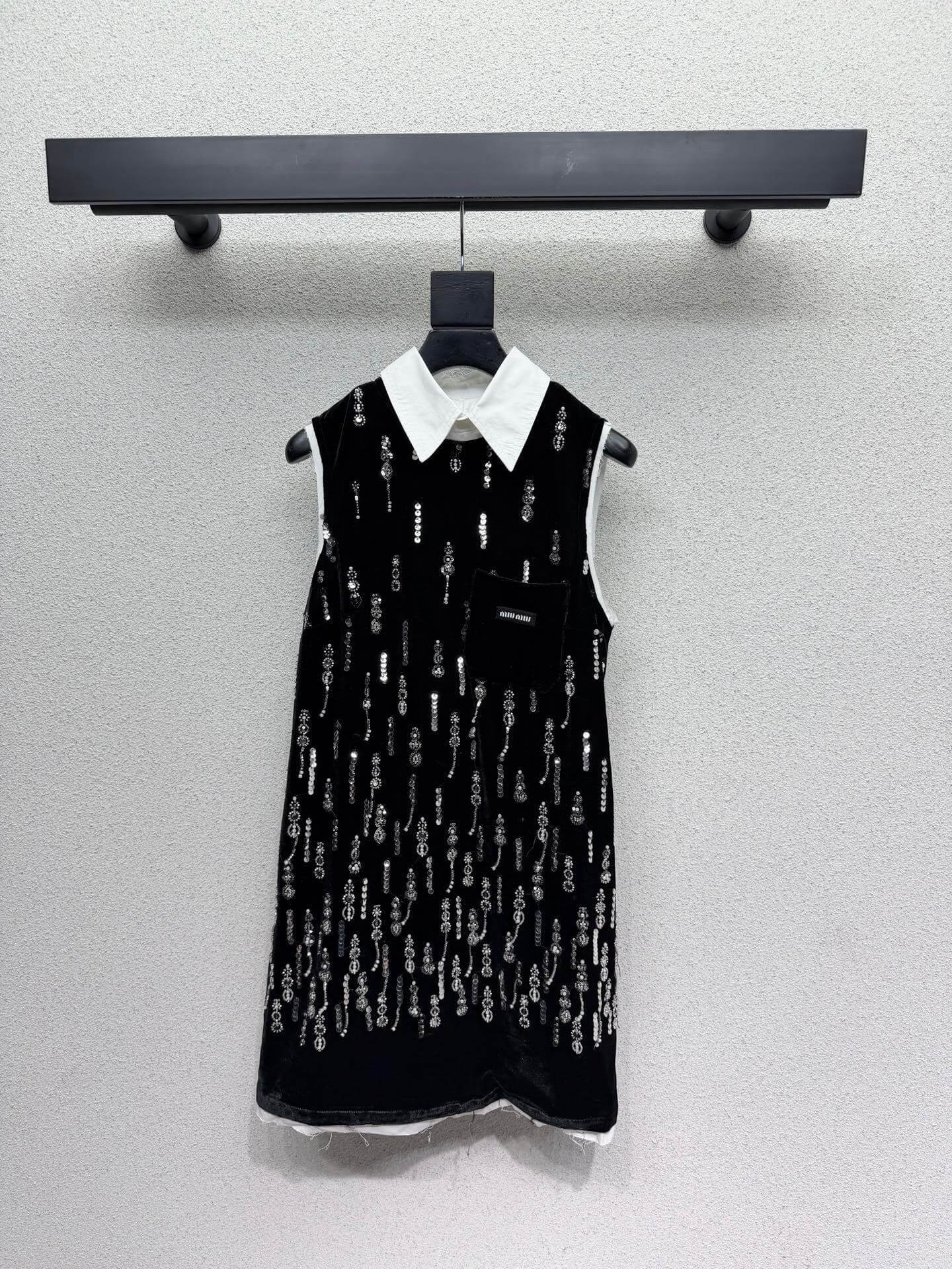 Miu Miu Sequin-Embellished Velvet Mini Dress with Poplin Collar and Logo Pocket – Black