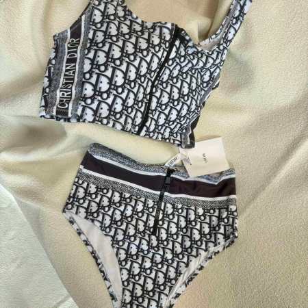 Christian Dior Oblique Pattern Bikini Set with Zip Crop Top and High-Waist Bottoms – Black & White