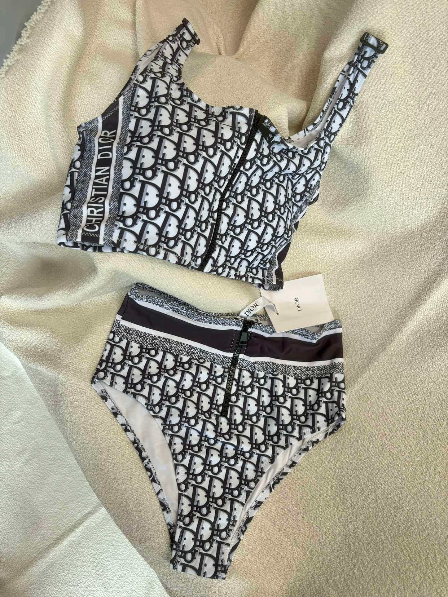 Christian Dior Oblique Pattern Bikini Set with Zip Crop Top and High-Waist Bottoms – Black & White