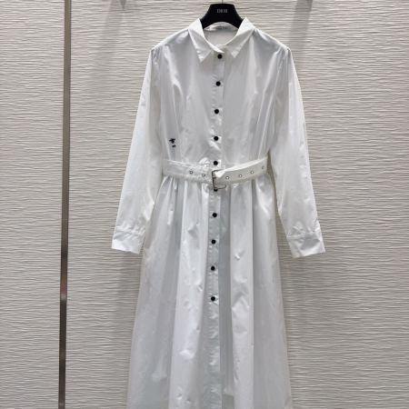 Christian Dior Cotton Poplin Belted Midi Shirt Dress with Bee Embroidery – White