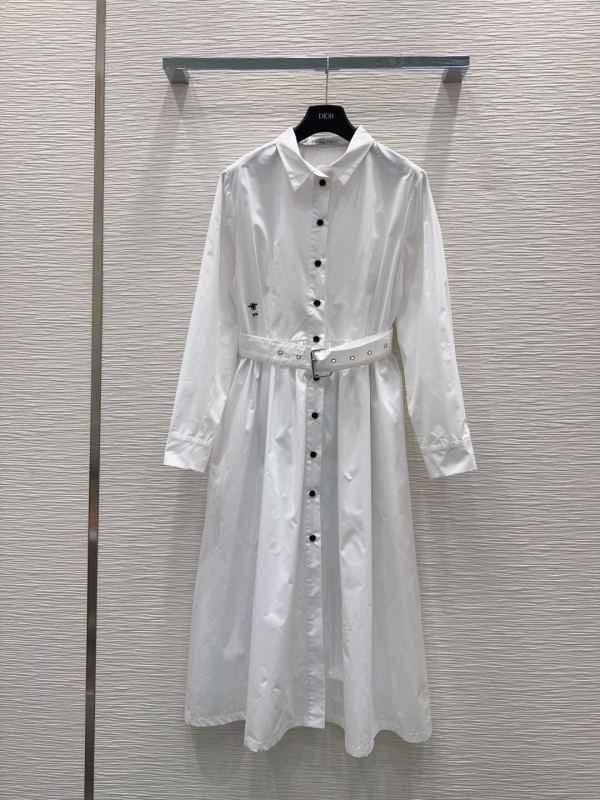 Christian Dior Cotton Poplin Belted Midi Shirt Dress with Bee Embroidery – White