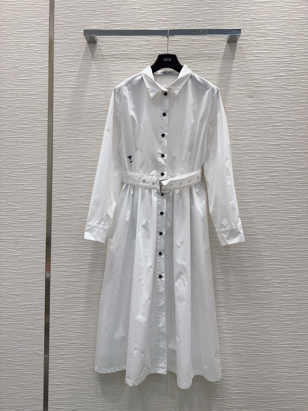 Christian Dior Cotton Poplin Belted Midi Shirt Dress with Bee Embroidery – White