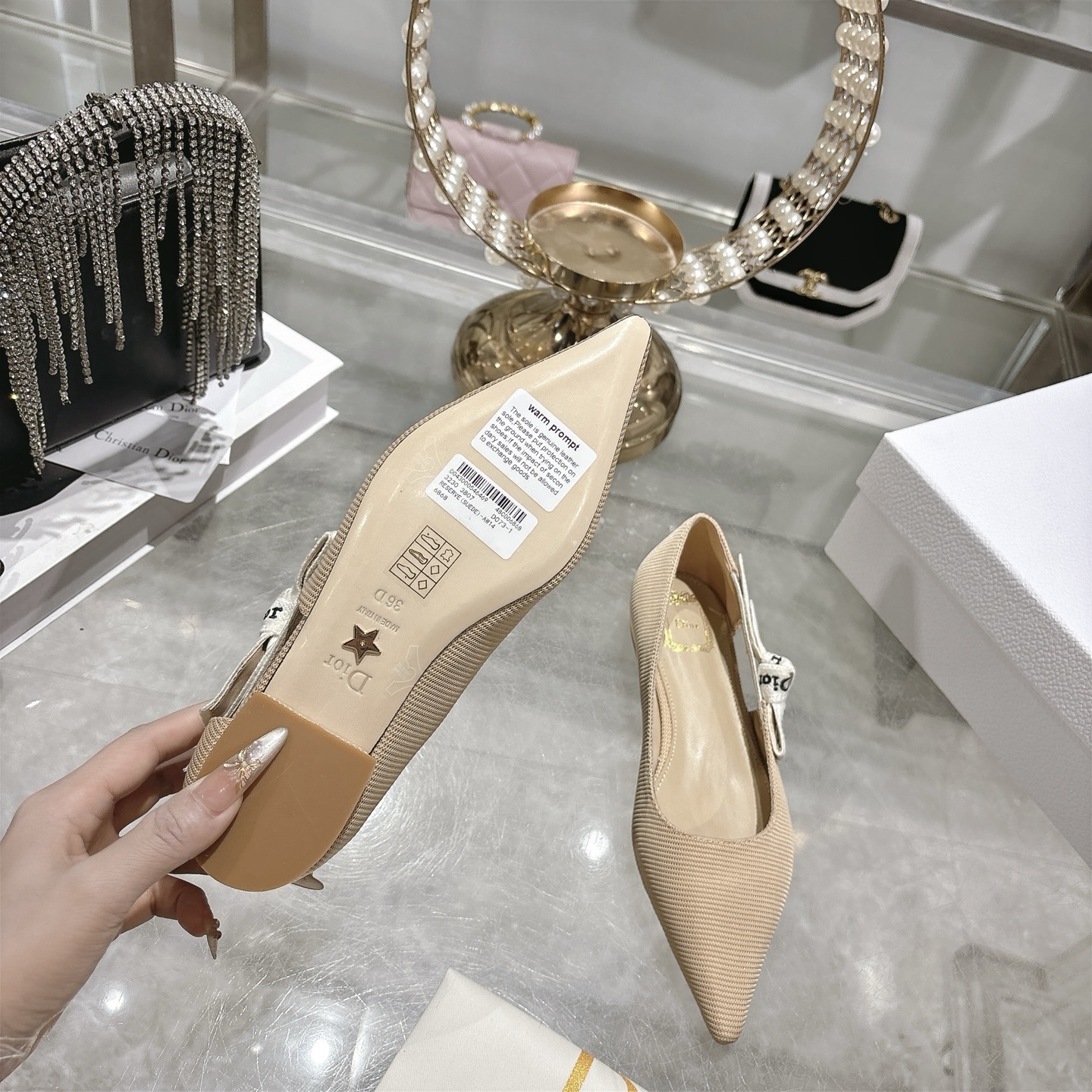 Dior Beige Textured Pointed Ballet Flats - Image 9