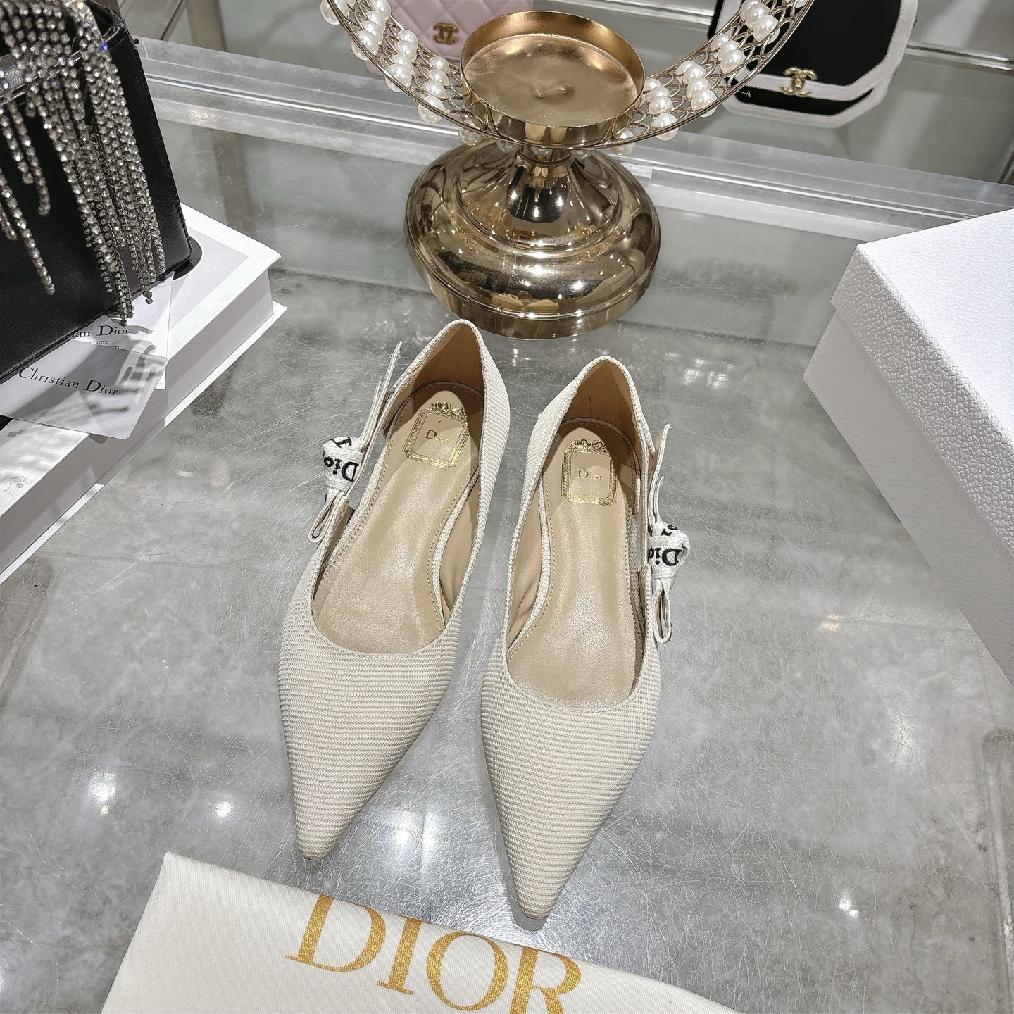 Dior Beige Textured Pointed Ballet Flats - Image 2