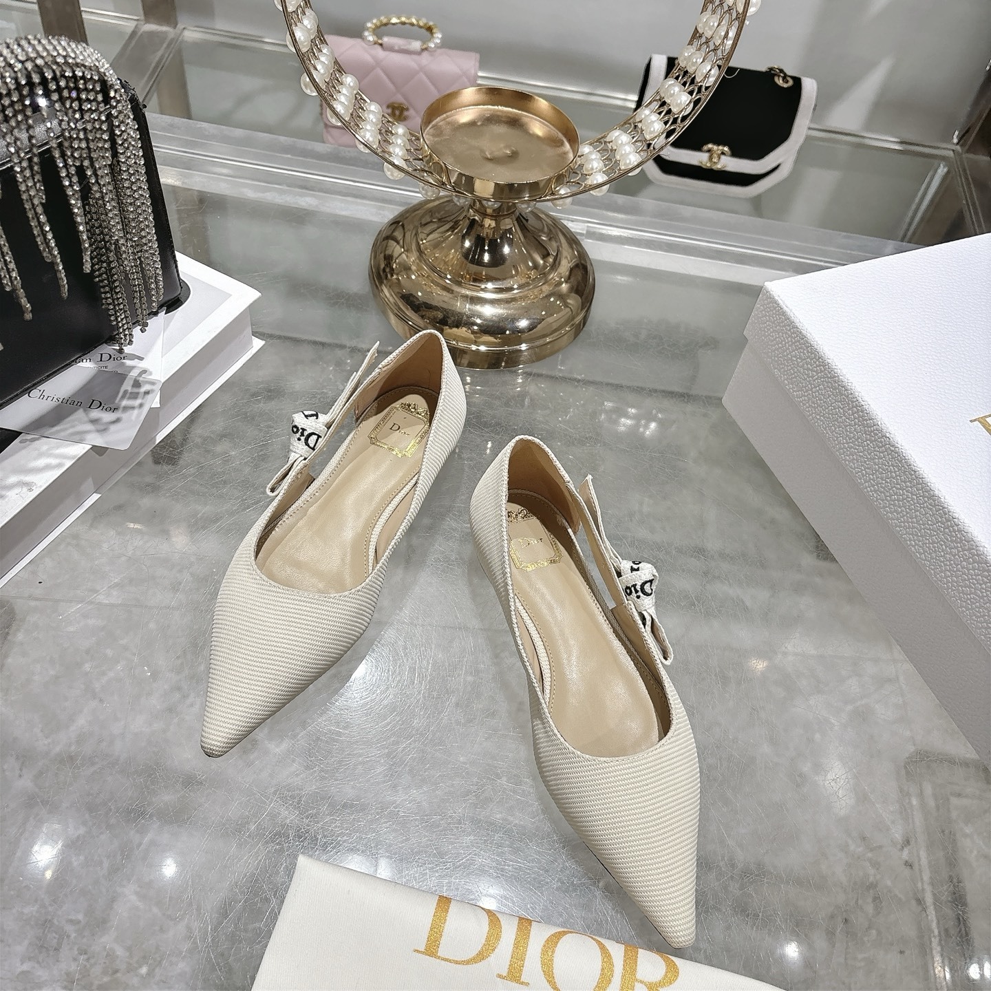 Dior Beige Textured Pointed Ballet Flats - Image 3