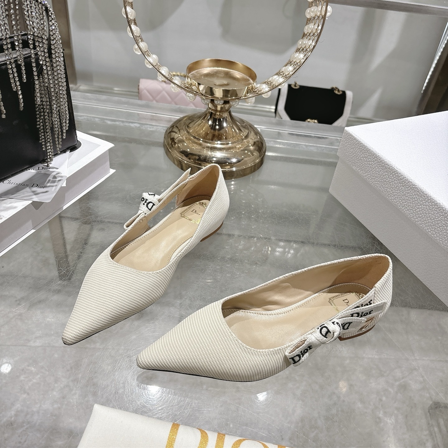 Dior Beige Textured Pointed Ballet Flats