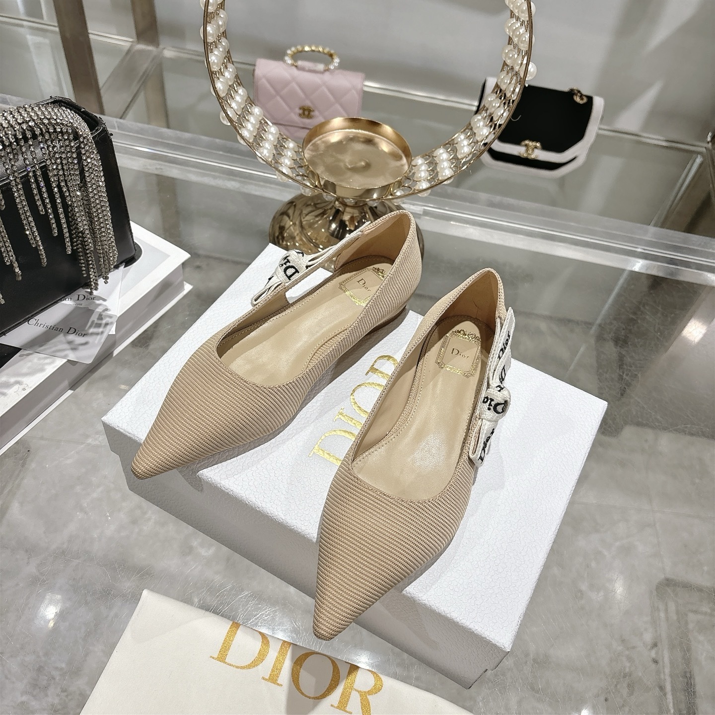 Dior Beige Textured Pointed Ballet Flats - Image 6
