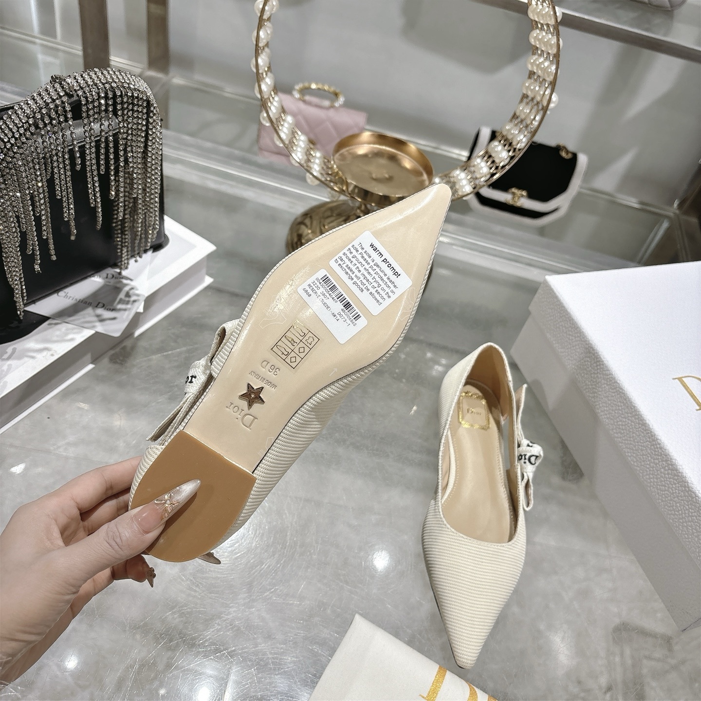 Dior Beige Textured Pointed Ballet Flats - Image 6