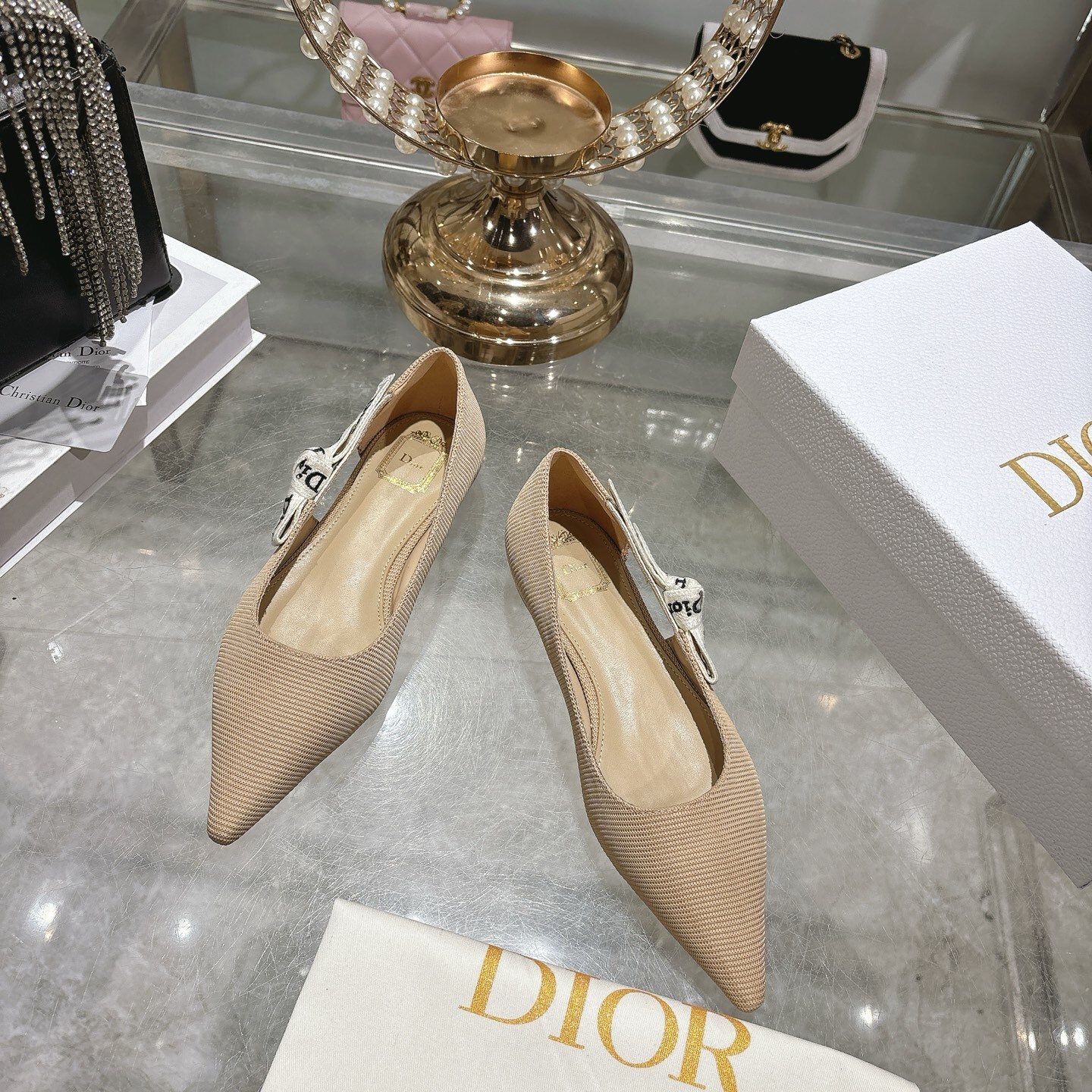 Dior Beige Textured Pointed Ballet Flats - Image 3