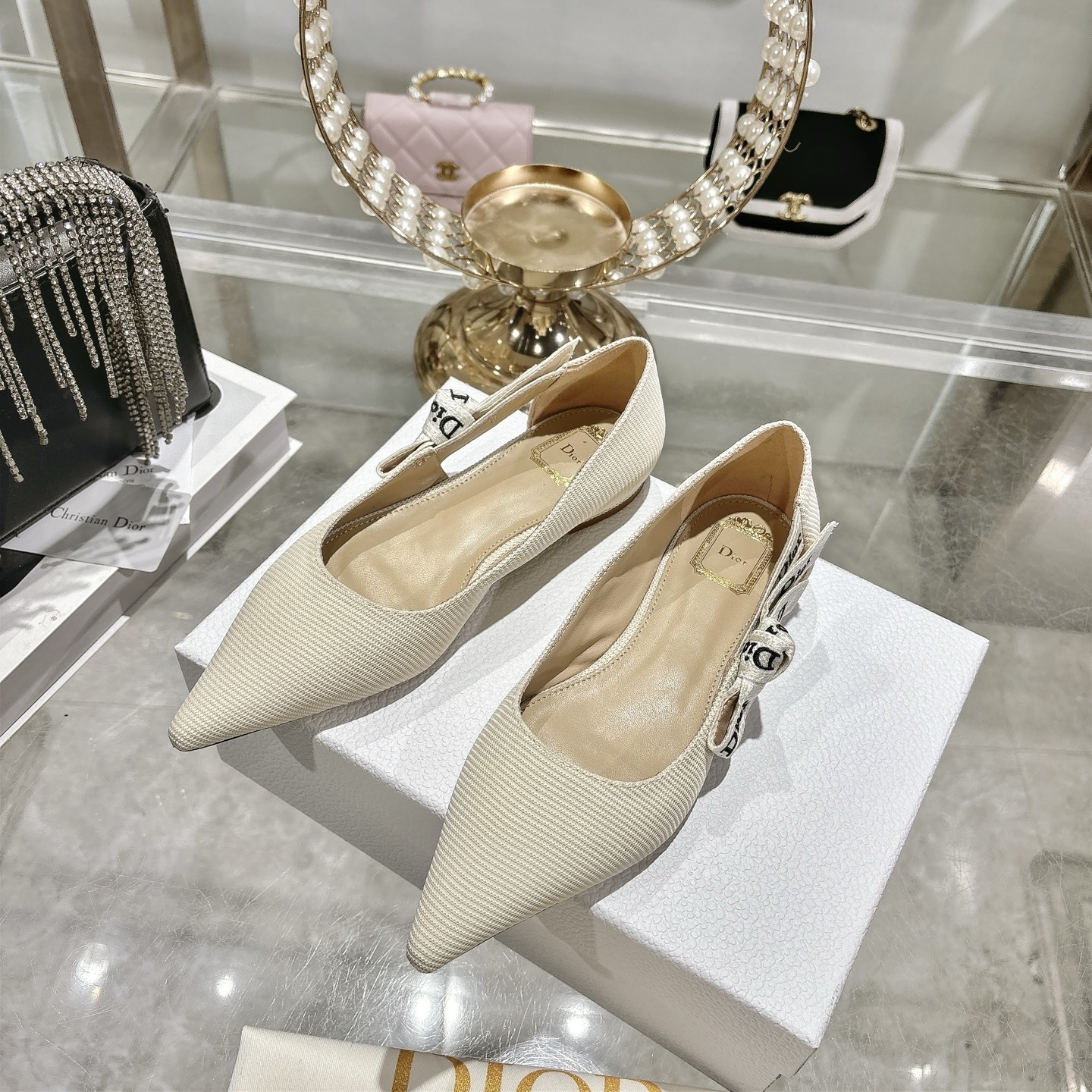 Dior Beige Textured Pointed Ballet Flats - Image 8