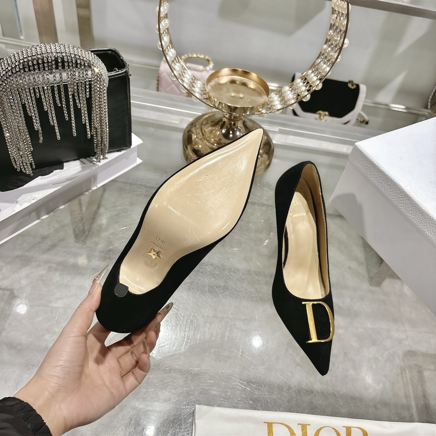 Dior Black Suede CD Logo Pointed Pumps - Image 7