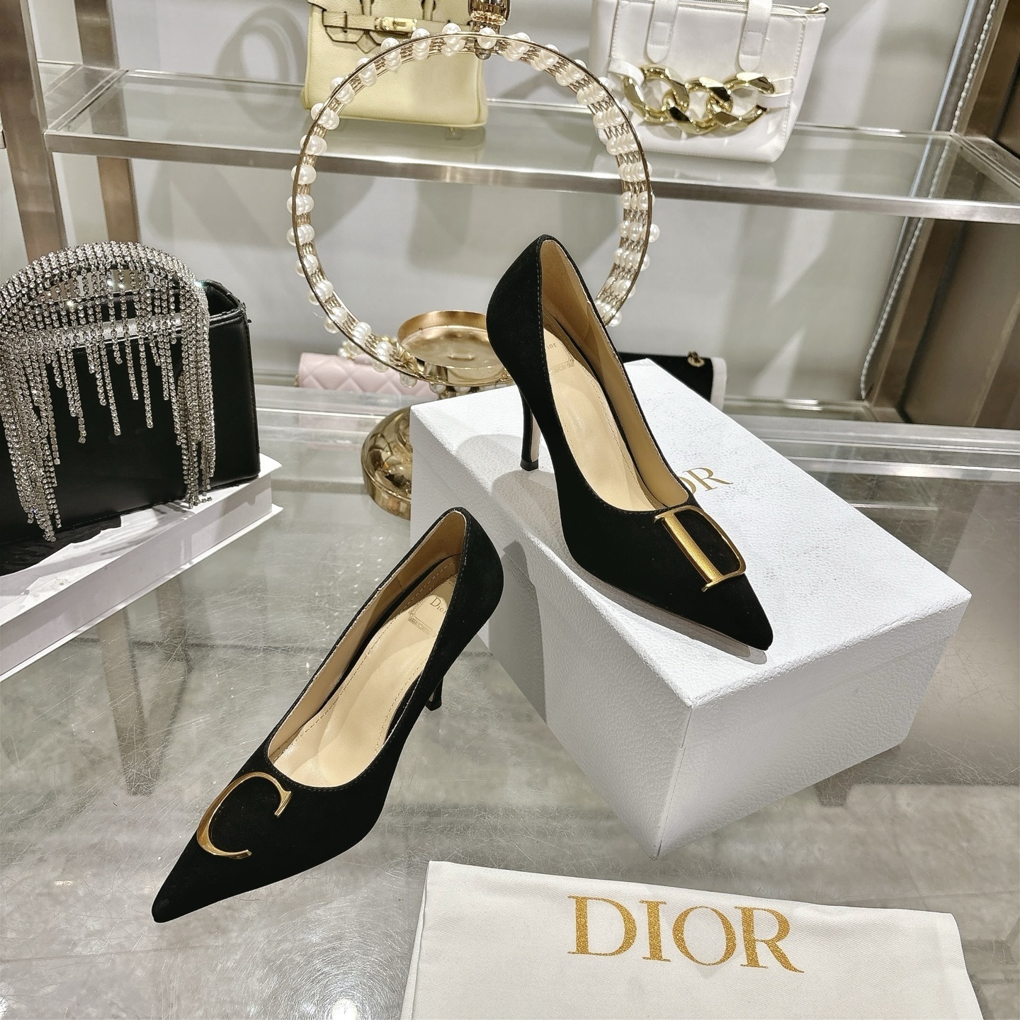 Dior Black Suede CD Logo Pointed Pumps