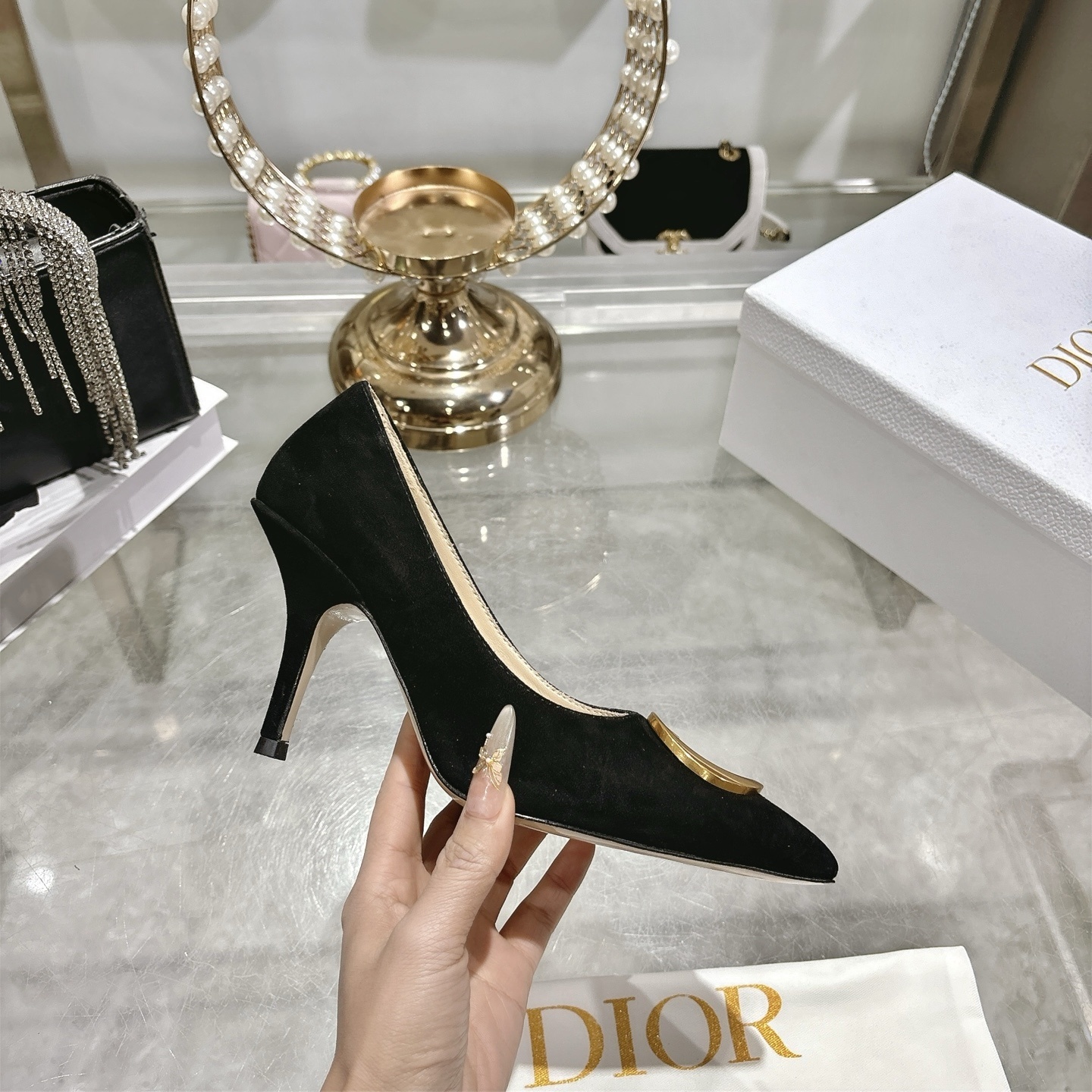 Dior Black Suede CD Logo Pointed Pumps - Image 5